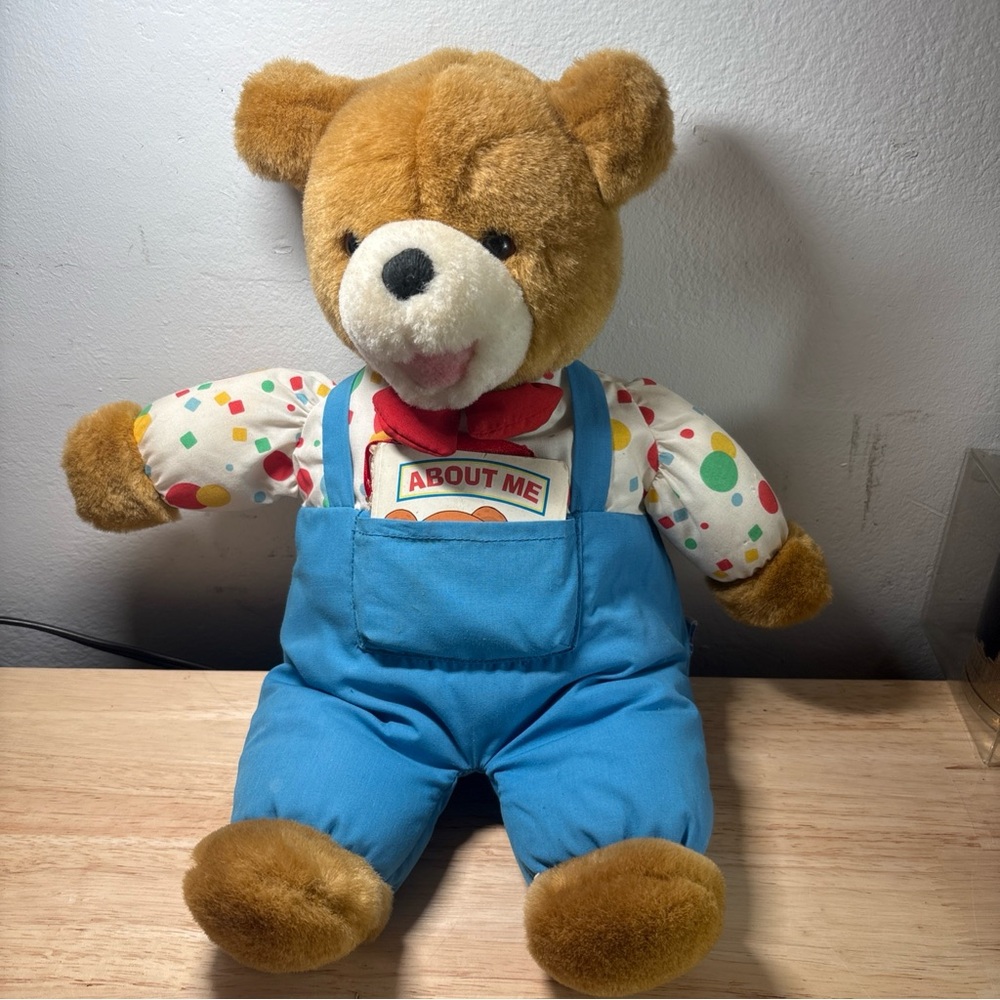 Eden Vintage Talking Brown Teddy Bear Polka Dots Blue Overalls Red Bow